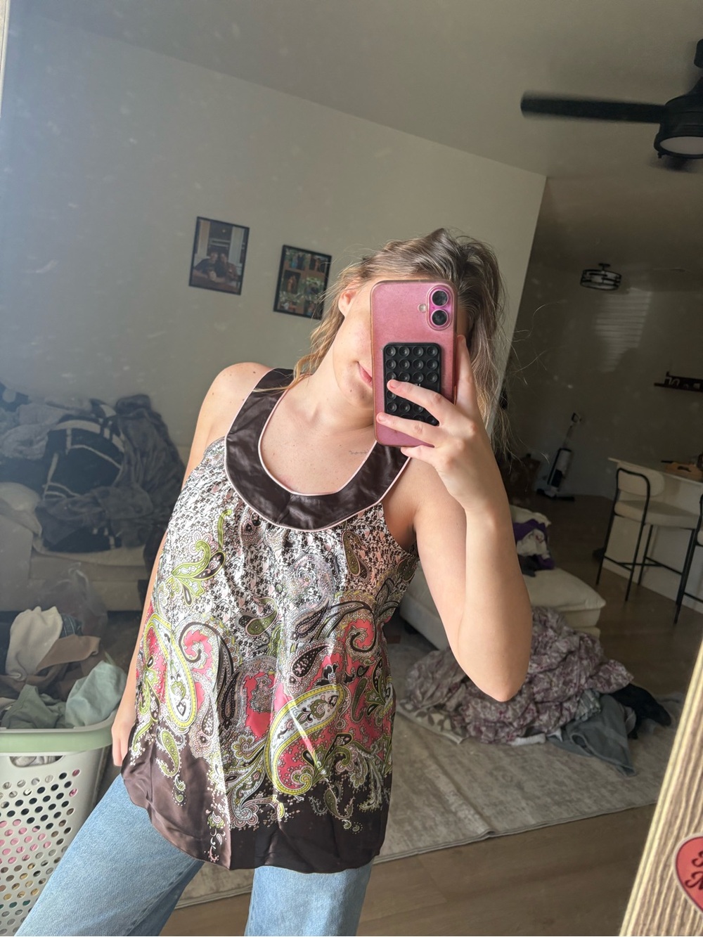 Byer California Paisley Satin-Trim Tank Top in Brown, Pink and Green